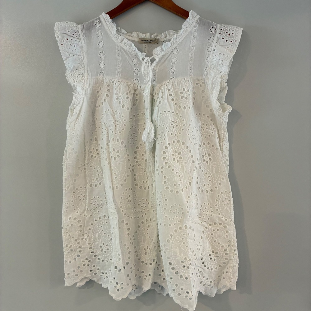 Valentina Naldi Blouse M Eyelet Cotton Boho Italian Romantic Shabby Chic Cottage - Picture 1 of 10